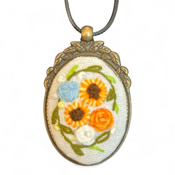 Sunflowers & Roses Handmade Embroidery Pendant - Picture 1 of 4